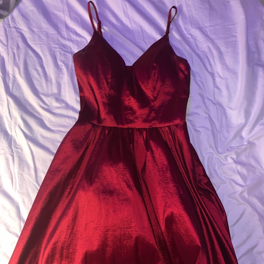 red high to low satin prom dress
